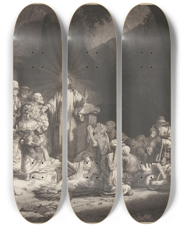 Triptych art skateboard deck of Rembrandt Van Rijn Christ Healing The Sick_2 by Rembrandt Van Rijn (1606-1669)