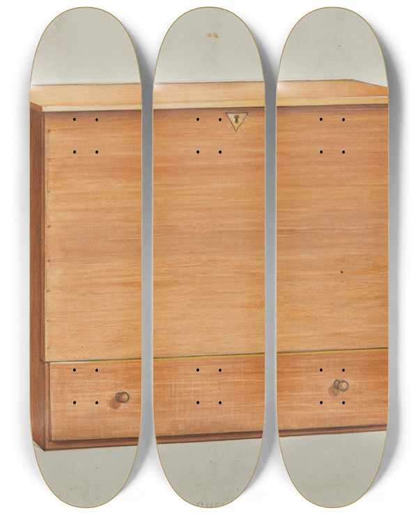 Triptych art skateboard deck of Ray Holden Shaker Chest by Ray Holden