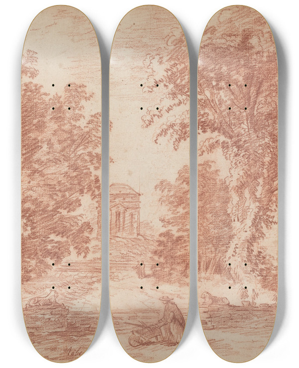 Triptych art skateboard deck of Hubert Robert Italian Park With A Tempietto by Hubert Robert (1733-1808)