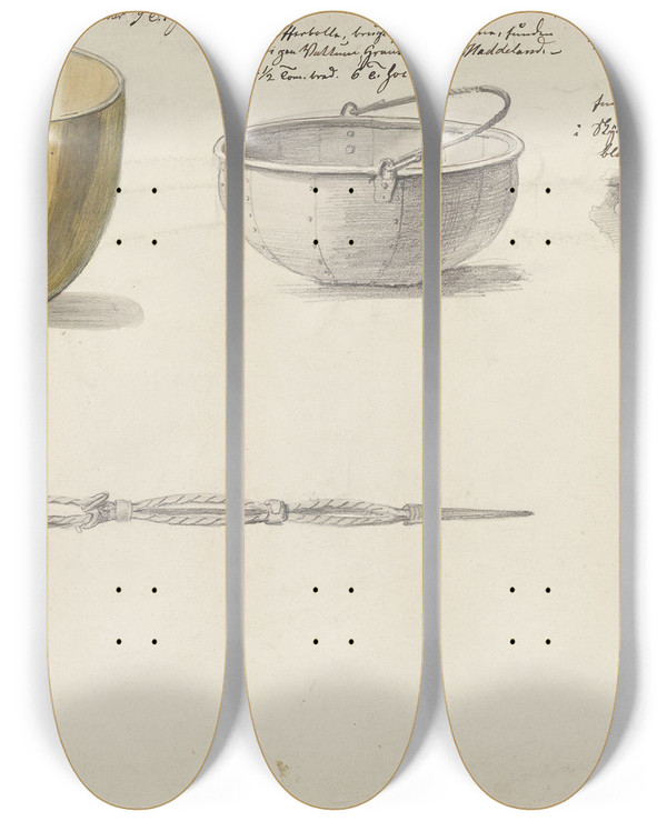 Triptych art skateboard deck of Adolph Tidemand Offerboller Og Skl by Adolph Tidemand (1814-1876)