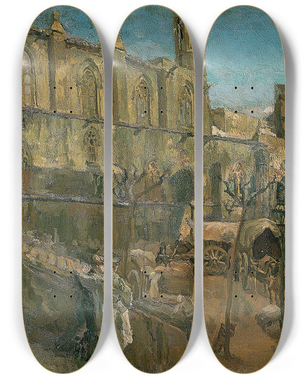 Triptych art skateboard deck of Francesc Gimeno Plaza Del Rey by Francesc Gimeno (1858-1927)