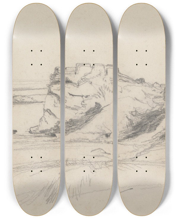 Triptych art skateboard deck of Barbara Bodichon Landscape Study With Cliff by Barbara Bodichon (1827-1891)