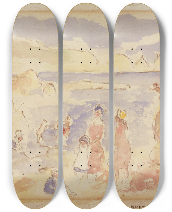 Triptych art skateboard deck of Pierreauguste Renoir Beach Scene by Pierre-Auguste Renoir (1841-1919)