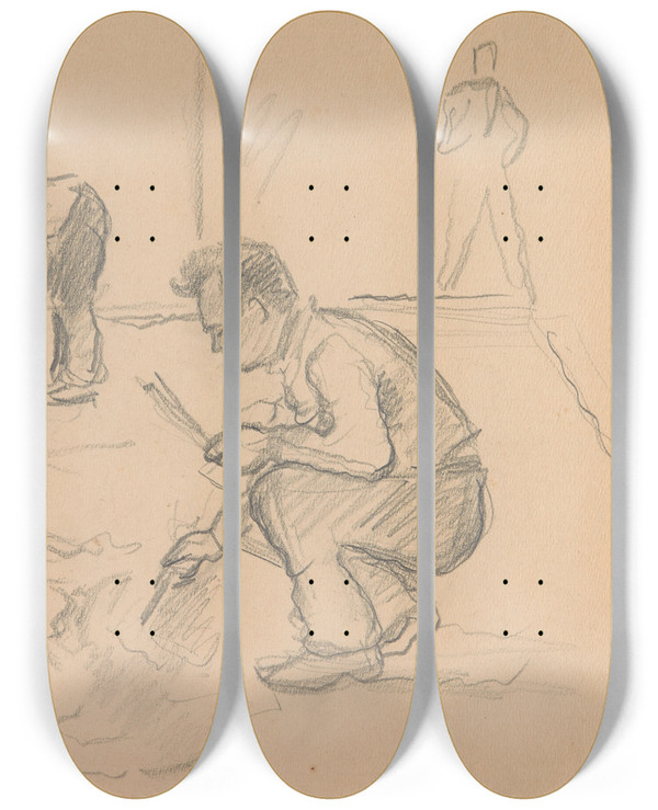 Triptych art skateboard deck of Ivan Ivanec Artyci Malarze Przy Pracy by Ivan Ivanec (1893-1946)