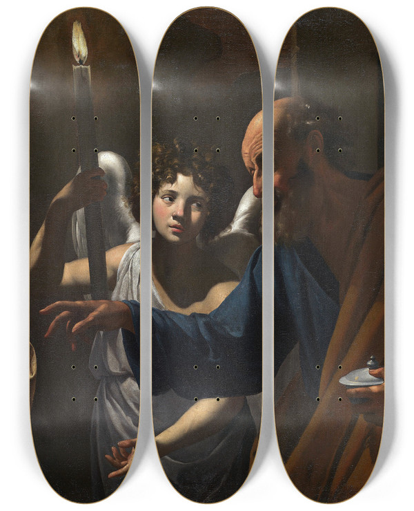 Triptych art skateboard deck of Simon Vouet Saint Peter Visiting Saint Agatha In Prison by Simon Vouet (1590-1649)
