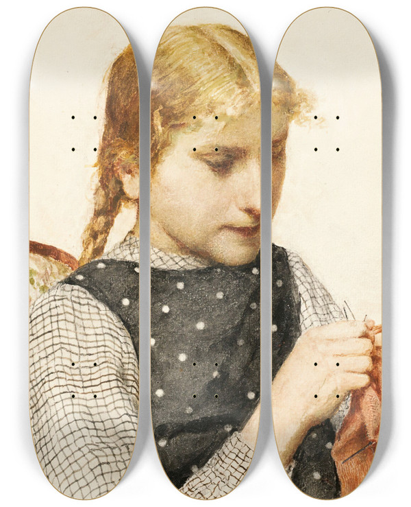 Triptych art skateboard deck of Albert Anker Strickendes Mdchen by Albert Anker (1831-1910)