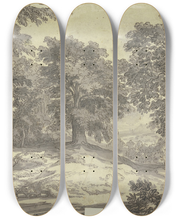 Triptych art skateboard deck of Jacob Van Liender Landschaft Mit Zwei Hunden by Jacob Van Liender (1696-1759)