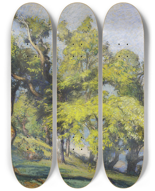 Triptych art skateboard deck of Auguste Louis Lepre Chestnut Trees Above A River by Auguste Louis Lepere (1849-1918)