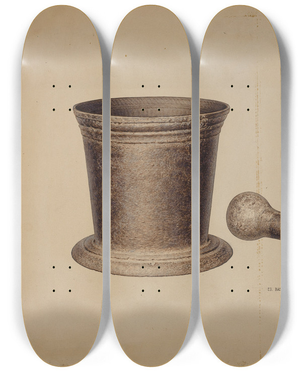 Triptych art skateboard deck of Edward Bashaw Mortar And Pestle by Edward Bashaw