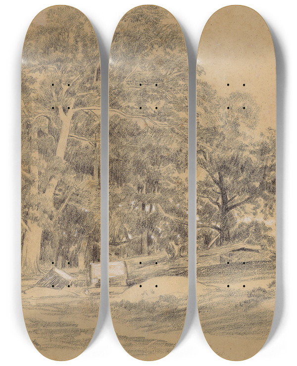 Triptych art skateboard deck of Jules Dupr Paysage Arbor by Jules Dupre (1811-1889)