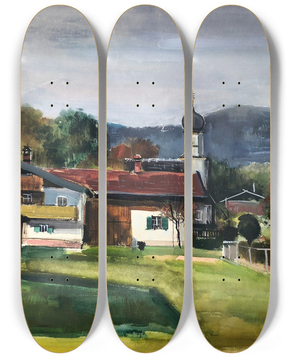 Triptych art skateboard deck of Otto Geigenberger Bayerisches Dorf by Otto Geigenberger (1881-1946)