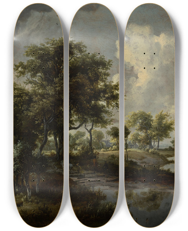 Triptych art skateboard deck of Meindert Hobbema A Wooded Landscape_3 by Meindert Hobbema (1638-1709)