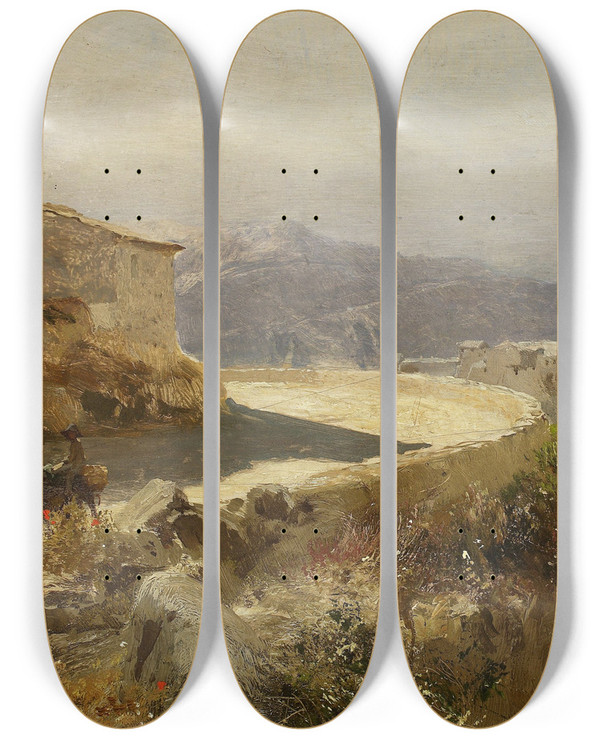Triptych art skateboard deck of Henryk Siemiradzki Italian Landscape With A Donkey by Henryk Siemiradzki (1843-1902)