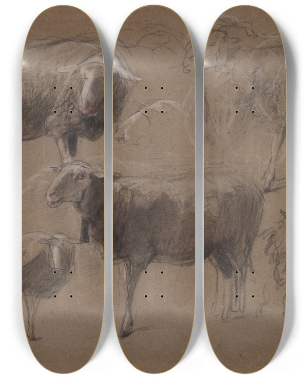 Triptych art skateboard deck of Anton Mauve Studies Of Sheep by Anton Mauve (1838-1888)
