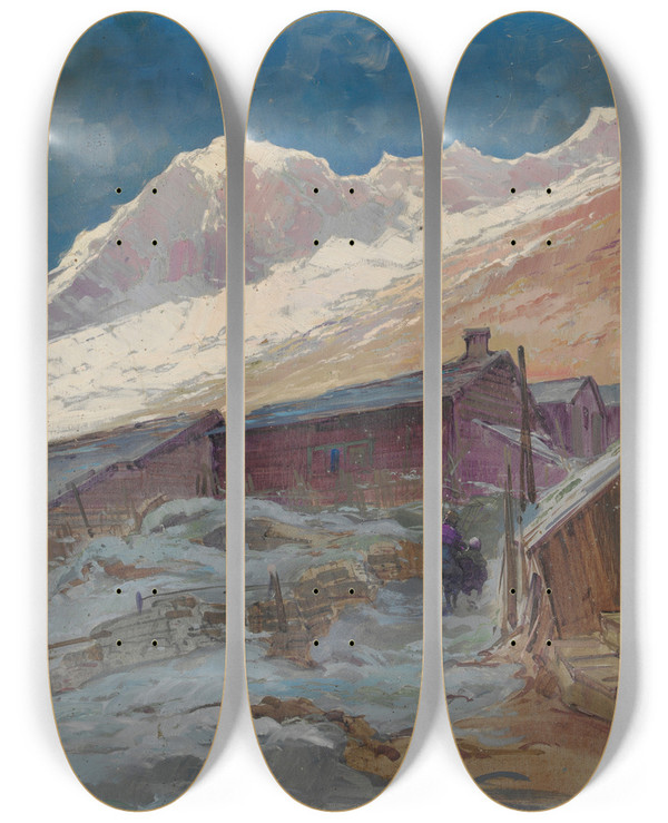 Triptych art skateboard deck of Cesare Gheduzzi Baite Ai Piedi Del Monte Rosa by Cesare Gheduzzi (1894-1944)
