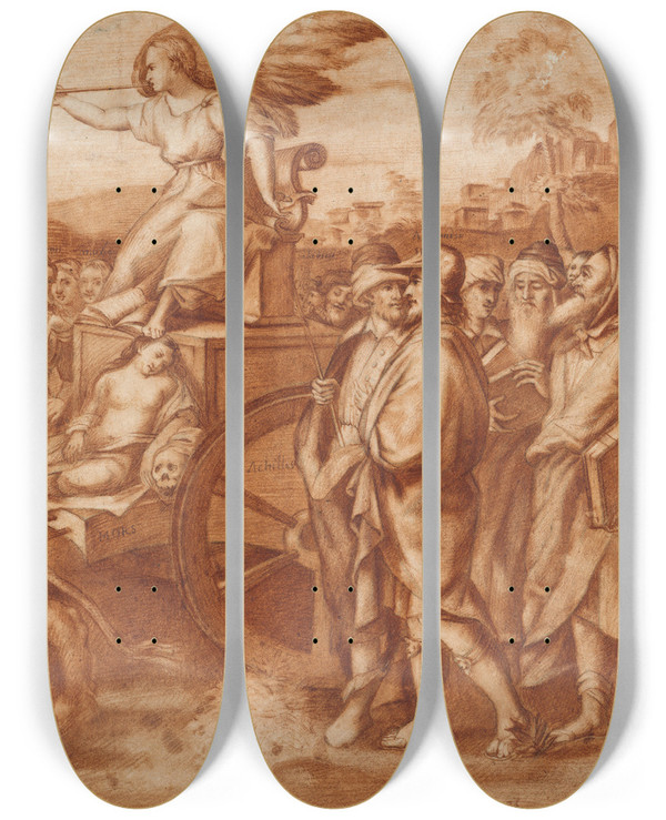 Triptych art skateboard deck of Bonifacio Veronese Triumph Der Fama by Bonifacio Veronese (1487-1553)