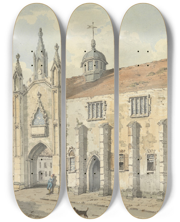 Triptych art skateboard deck of John Augustus Atkinson The School At Wells Somerset by John Augustus Atkinson (1775-1830)