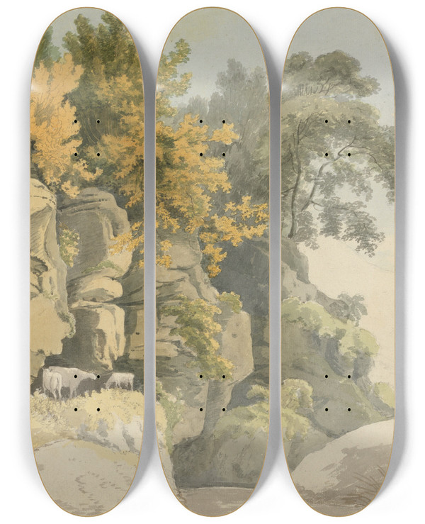 Triptych art skateboard deck of William Day Wooded Rocks By A Stream by William Day (1764-1807)