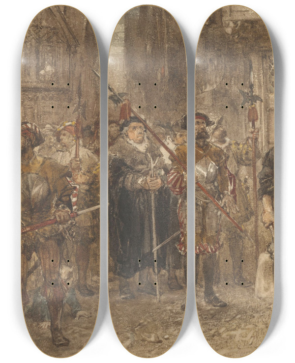 Triptych art skateboard deck of Charles Rochussen Het Verdachte Huis by Charles Rochussen (1814-1894)