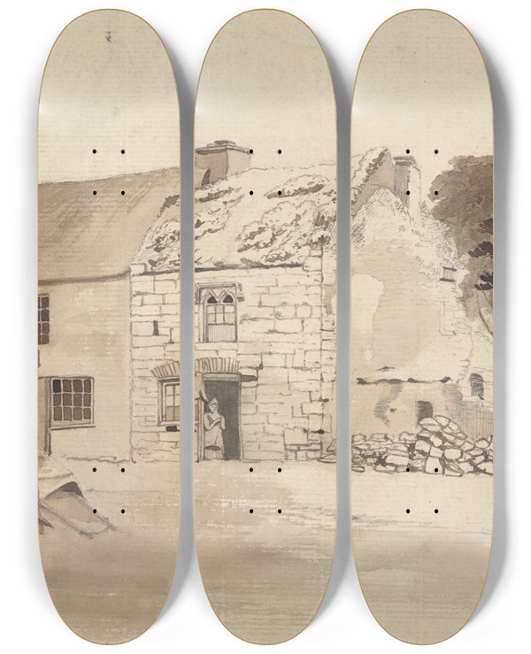 Triptych art skateboard deck of Thomas Crofton Croker Houses At Kilmallock by Thomas Crofton Croker