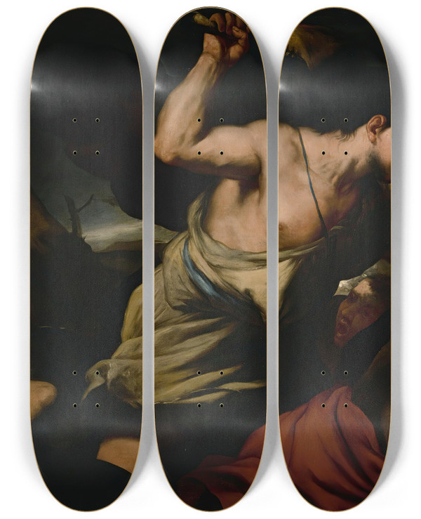 Triptych art skateboard deck of Luca Giordano Samson Slaying The Philistines by Luca Giordano (1634-1705)