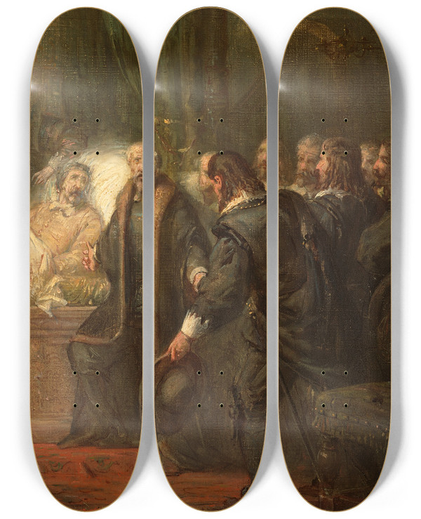 Triptych art skateboard deck of Barend Wijnveld Frederik Hendrik Voelt Zijn Einde Naderen En Neemt Afscheid Van De Staten Anno 1647 by Barend Wijnveld (1820-1902)