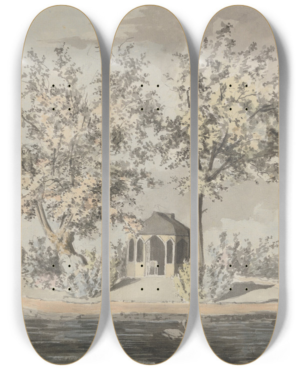 Triptych art skateboard deck of Thomas Theodosius Forrest Summer House By A Riverside by Thomas Theodosius Forrest (1728-1784)