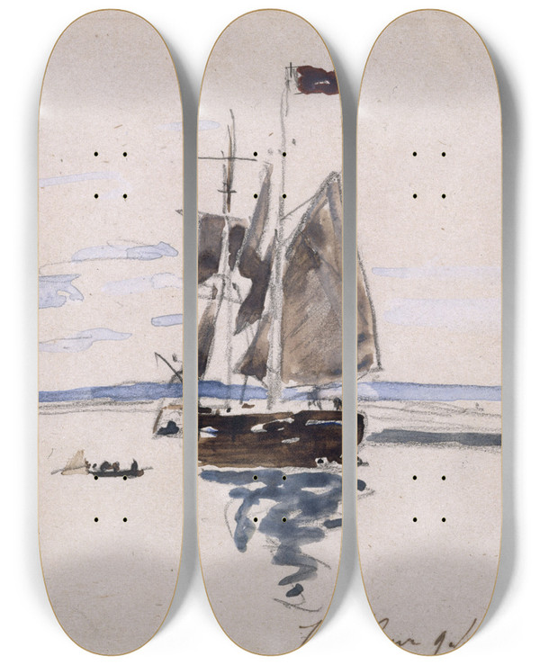 Triptych art skateboard deck of Johan Barthold Jongkind La Mer Honfleur by Johan Barthold Jongkind (1819-1891)