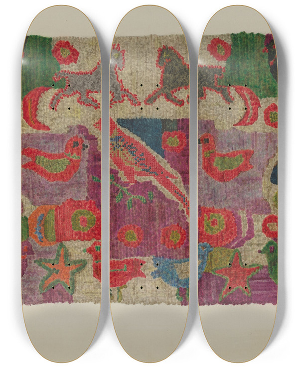 Triptych art skateboard deck of Charlotte Angus Hooked Rug by Charlotte Angus (1911-1989)