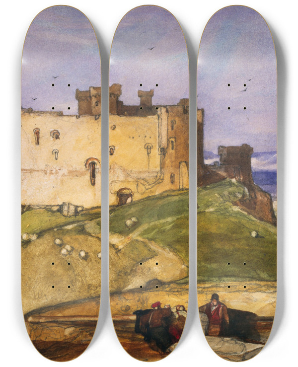 Triptych art skateboard deck of John Sell Cotman Harlech Castle by John Sell Cotman (1782-1842)