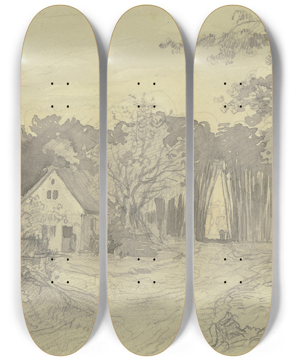 Triptych art skateboard deck of Philipp Rumpf Haus Auf Einer Waldlichtung by Philipp Rumpf (1821-1896)