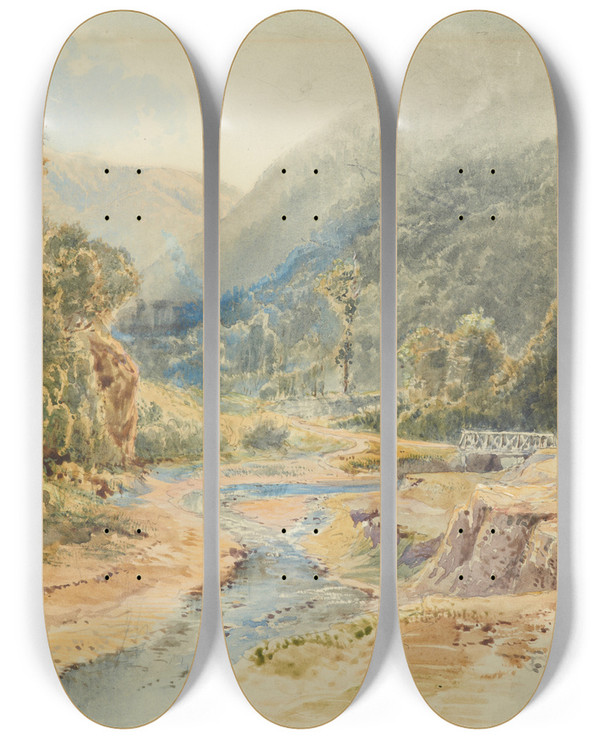Triptych art skateboard deck of Nicholas Chevalier Tarohonga Creek Rimutaka Road by Nicholas Chevalier (1828-1902)