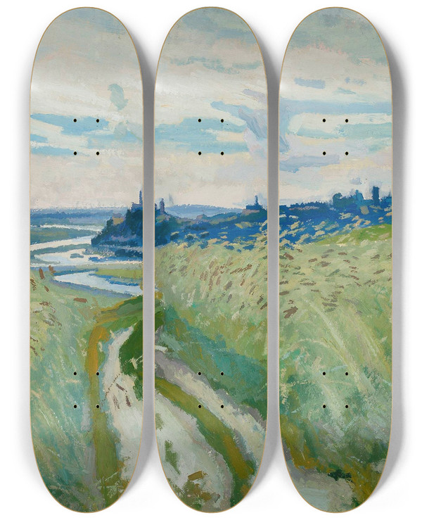 Triptych art skateboard deck of Stanisaw Kamocki Landscape With A Road by Stanislaw Kamocki (1875-1944)