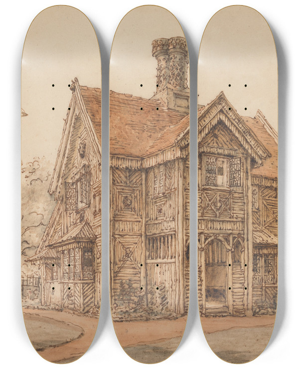 Triptych art skateboard deck of William Henry Hunt A Lodge At Cassiobury by William Henry Hunt (1790-1864)