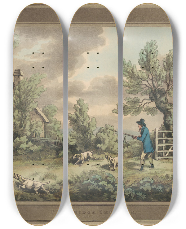 Triptych art skateboard deck of Samuel Howitt Partridge Shooting_1 by Samuel Howitt (1756-1822)