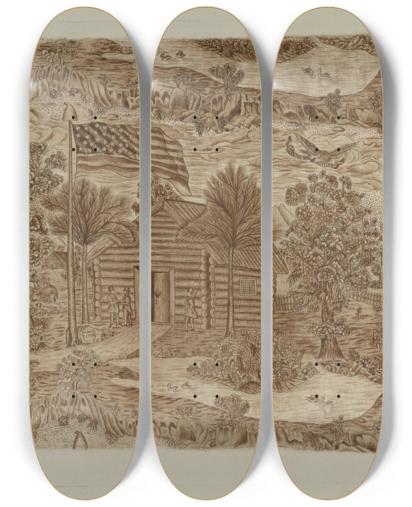 Triptych art skateboard deck of Suzanne Roy Historic Printed Textile by Suzanne Roy