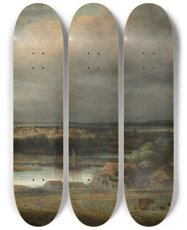 Triptych art skateboard deck of Philips Koninck Wide River Landscape by Philips Koninck (1619-1688)