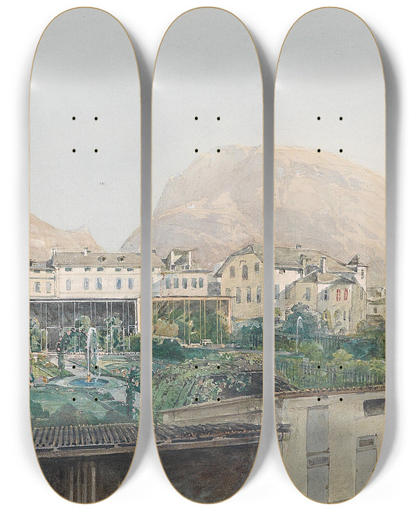 Triptych art skateboard deck of Thomas Ender Blick Ber Einen Garten In Bozen by Thomas Ender (1793-1875)