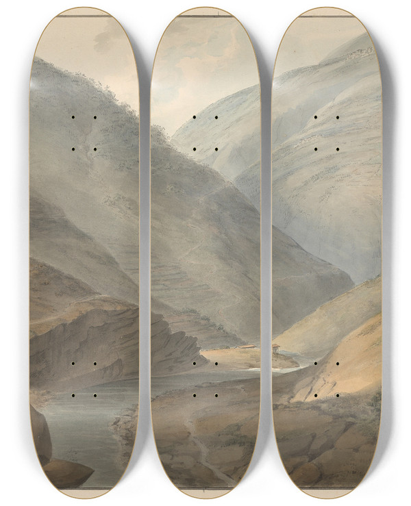 Triptych art skateboard deck of Samuel Davis Mountainous Landscape With River by Samuel Davis (1757-1819)