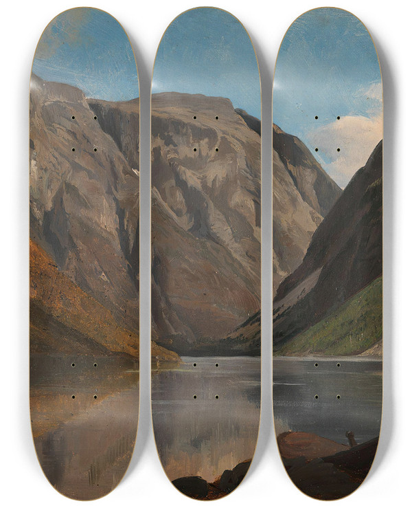 Triptych art skateboard deck of Adolph Tidemand View Of Gudvangen by Adolph Tidemand (1814-1876)