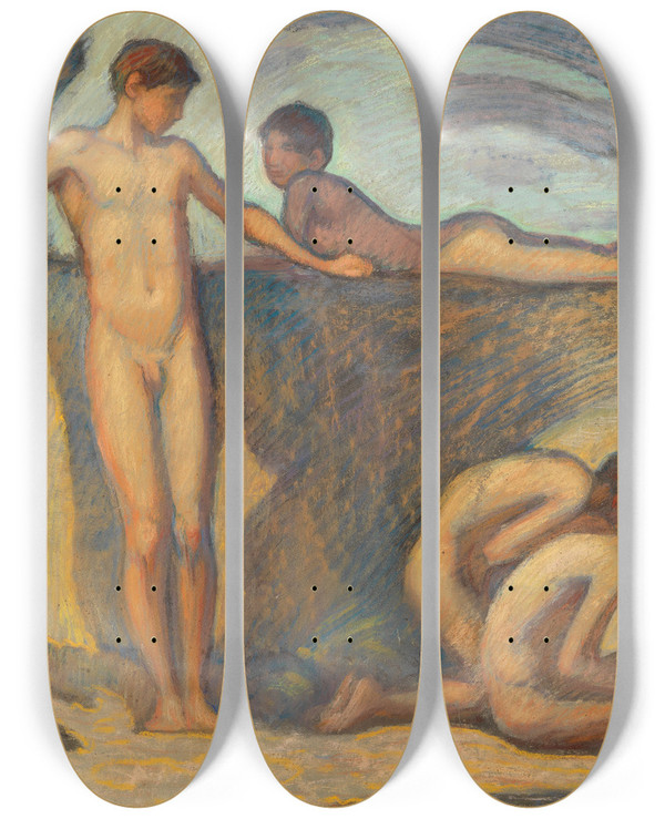Triptych art skateboard deck of Ludwig Von Hofmann Badende Knaben_2 by Ludwig Von Hofmann (1861-1945)