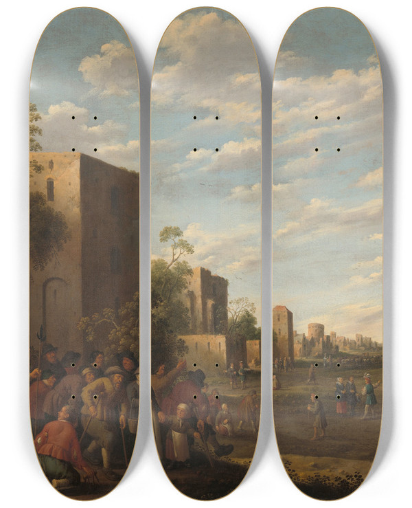 Triptych art skateboard deck of Joost Cornelisz Droochsloot Housing The Poor by Joost Cornelisz Droochsloot (1586-1666)