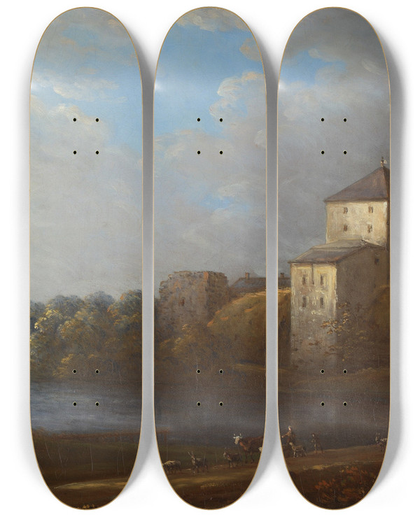 Triptych art skateboard deck of Carl Johan Fahlcrantz  Nykping Castle by Carl Johan Fahlcrantz (1774-1861)
