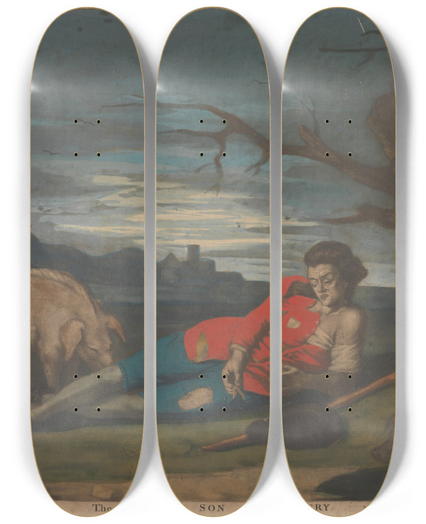 Triptych art skateboard deck of John Raphael Smith The Prodigal Son In Misery by John Raphael Smith (1752-1812)