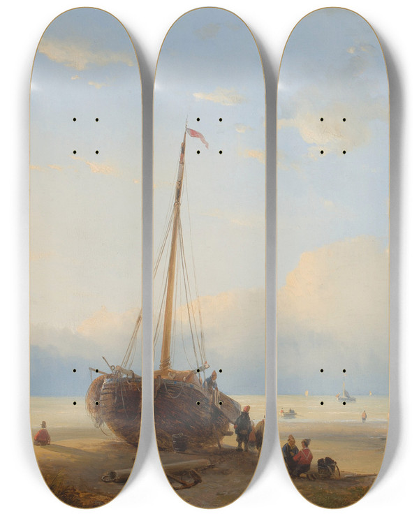 Triptych art skateboard deck of Andreas Schelfhout Fisherfolk With Beached Vessels by Andreas Schelfhout (1787-1870)