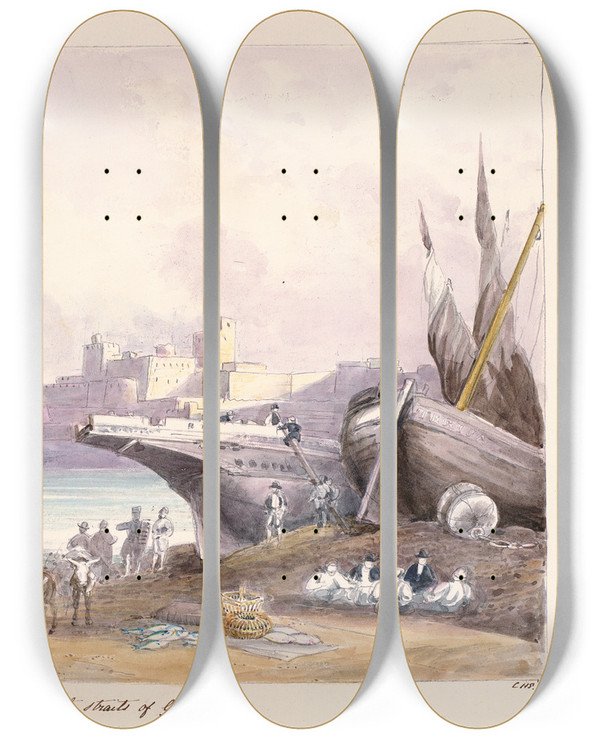 Triptych art skateboard deck of Charles Hamilton Smith Tarifa In The Straits Of Gibraltar by Charles Hamilton Smith (1776-1859)