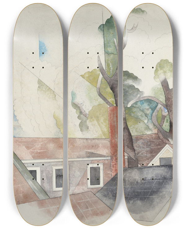 Triptych art skateboard deck of Charles Demuth Rooftops And Trees by Charles Demuth (1883-1935)