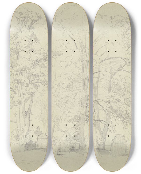 Triptych art skateboard deck of Jakob Becker Baumgruppe Auf Einem Friedhof by Jakob Becker (1810-1872)