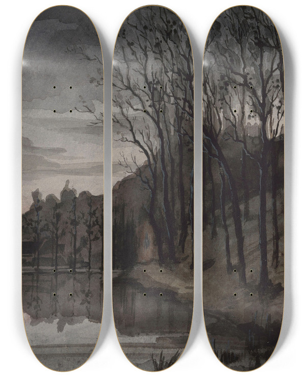 Triptych art skateboard deck of Lon Becker Evening by Leon Becker