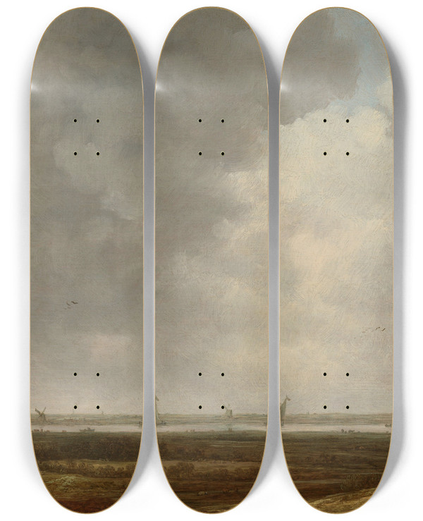 Triptych art skateboard deck of Jan Van Goyen Panoramic View Of A River With Lowlying Meadows by Jan Van Goyen (1596-1656)